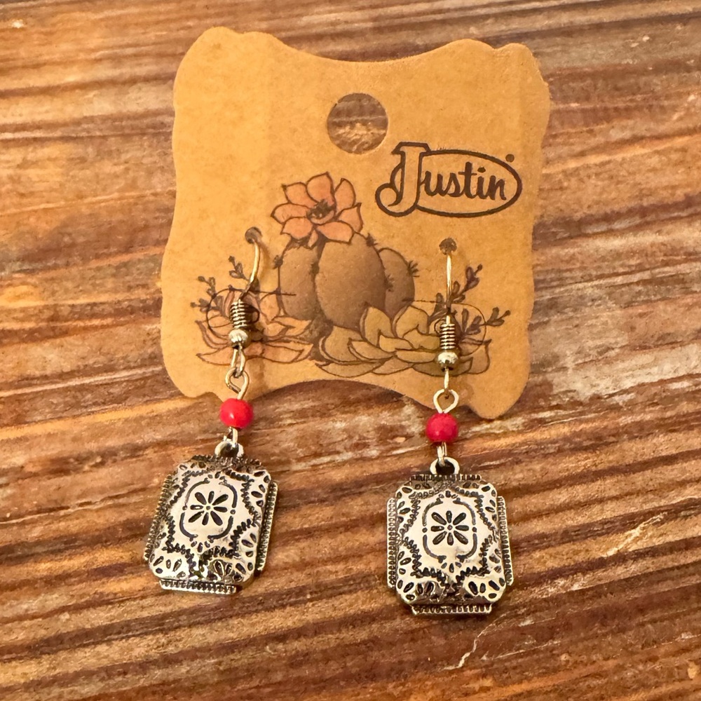 Justin Boots Silver Earrings with Red Beads Western Boho Design NWT